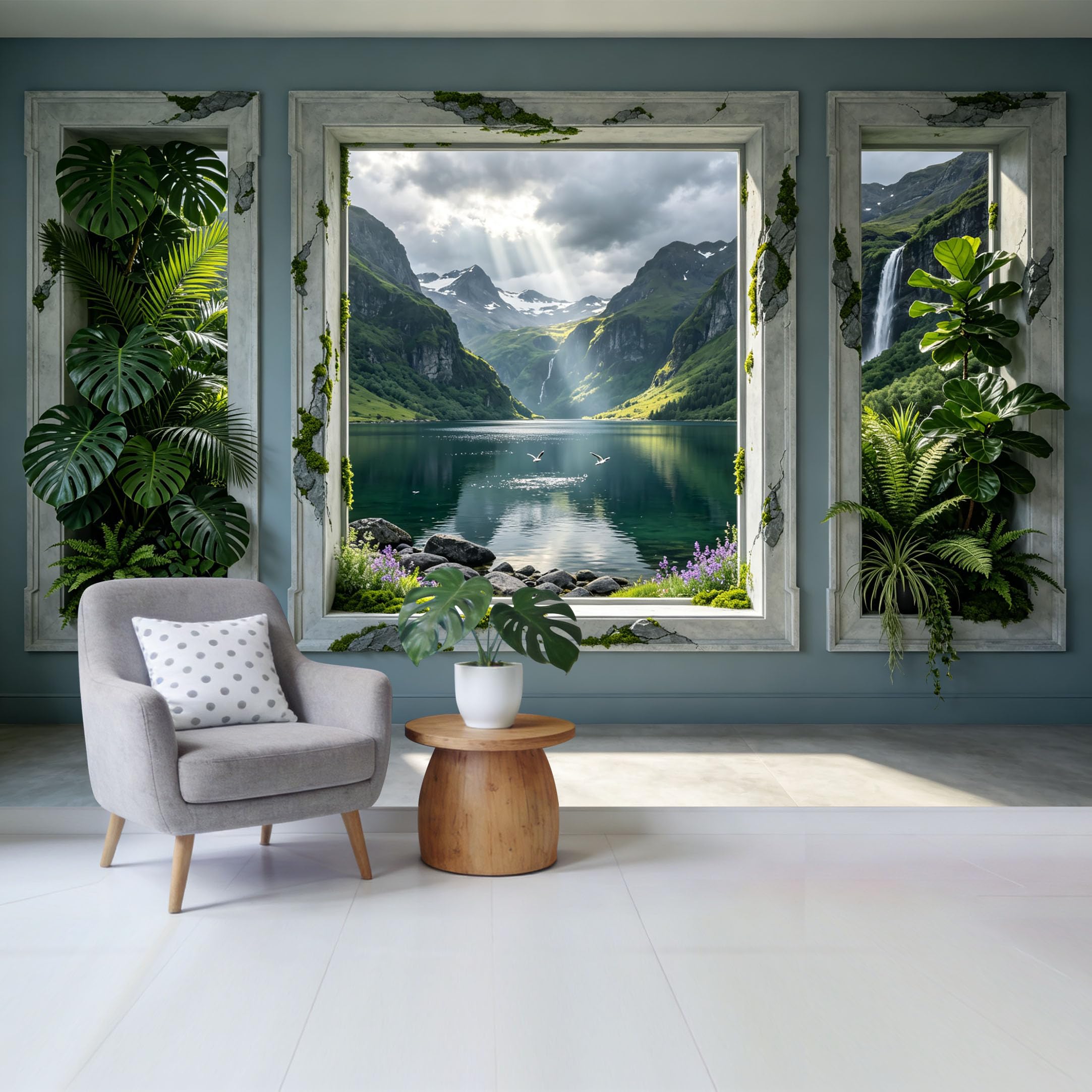 Removable Self Adhesive Fabric Mural， 3D Trompe L'Oeil Scenic Mountain Lake Waterfall Custom Size Wall Covering， UV Protected Waterproof Washable Wall Decor for Living Room Bedroom Bathroom