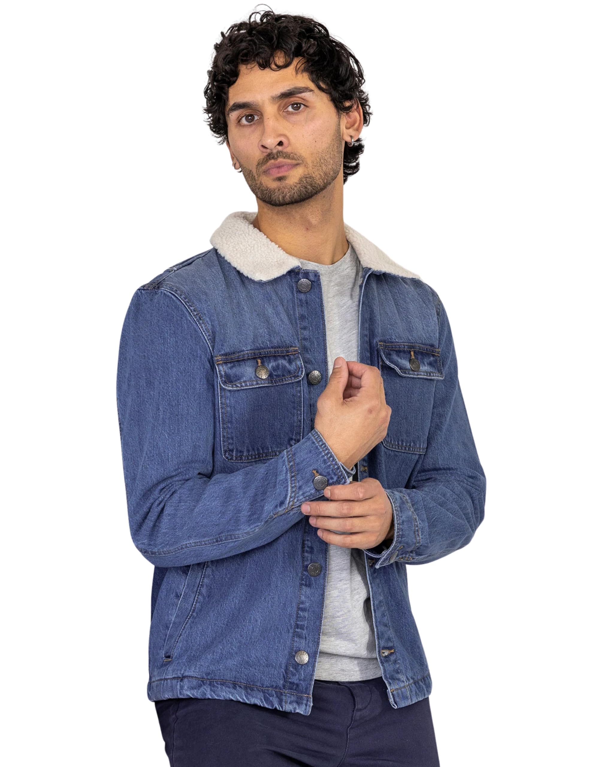 Enorsia Men's Blue Borg Collar Cotton Denim Tucker Jacket - M - Mid - Body: 100% Cotton: Lining: 100% Polyester