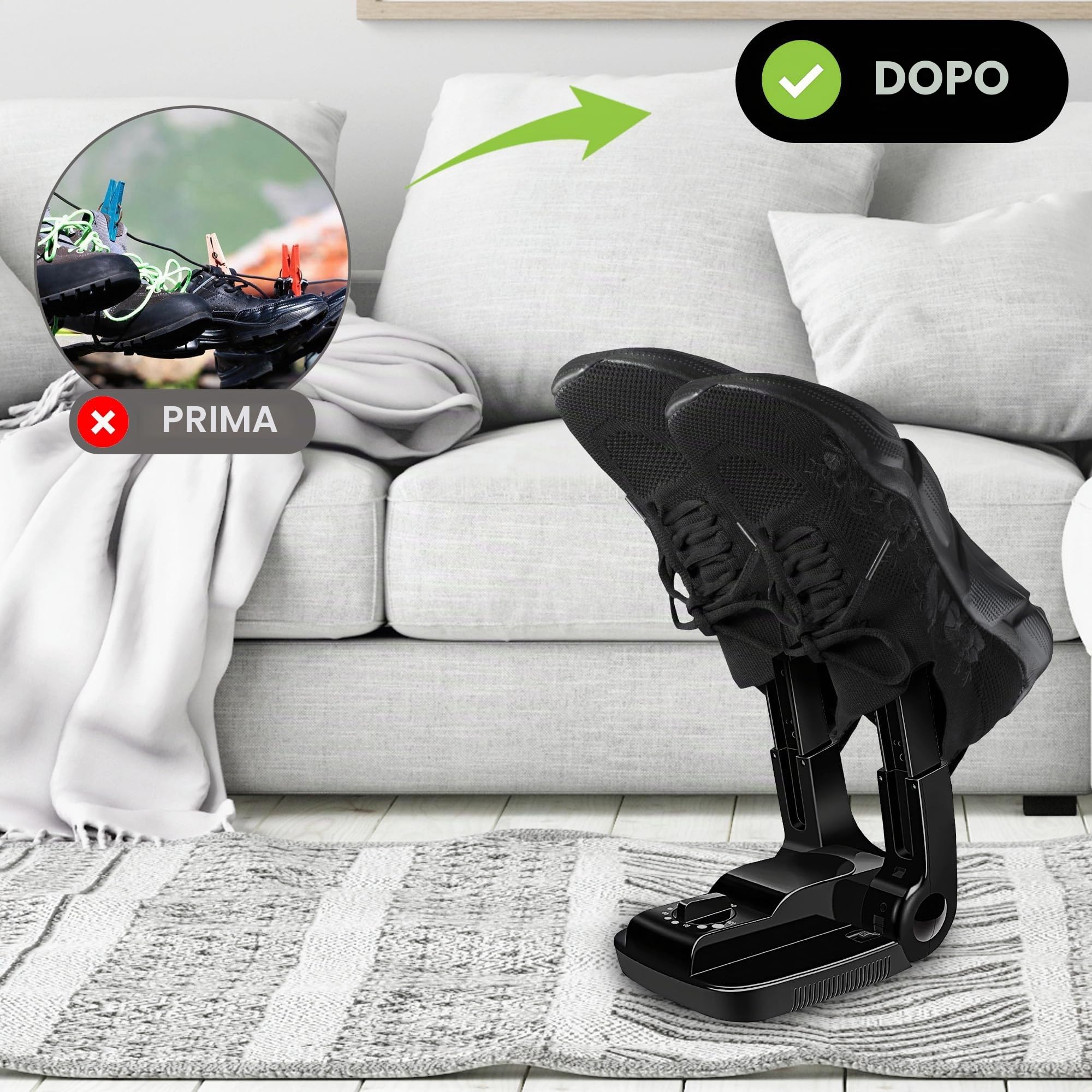 Vonia Ozone Asciugascarpe e Deodorante per Scarpe con timer - Mangia odori - Asciuga Scarpe- Scarpe fresche e pulite - Nero (Con Ozono)