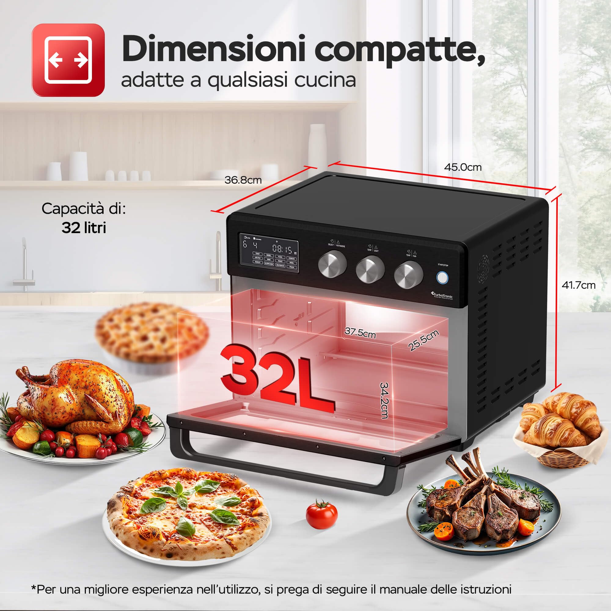 TurboTronic Forno ad Aria Calda XXL 32L con Girarrosto | 5 in 1 Mini Forno, Friggitrice ad Aria, Essiccatore, Grill e Forno Ventilato | 1700W | Ideale per Pollo, Pizza e Snack | Temperatura da 25°C