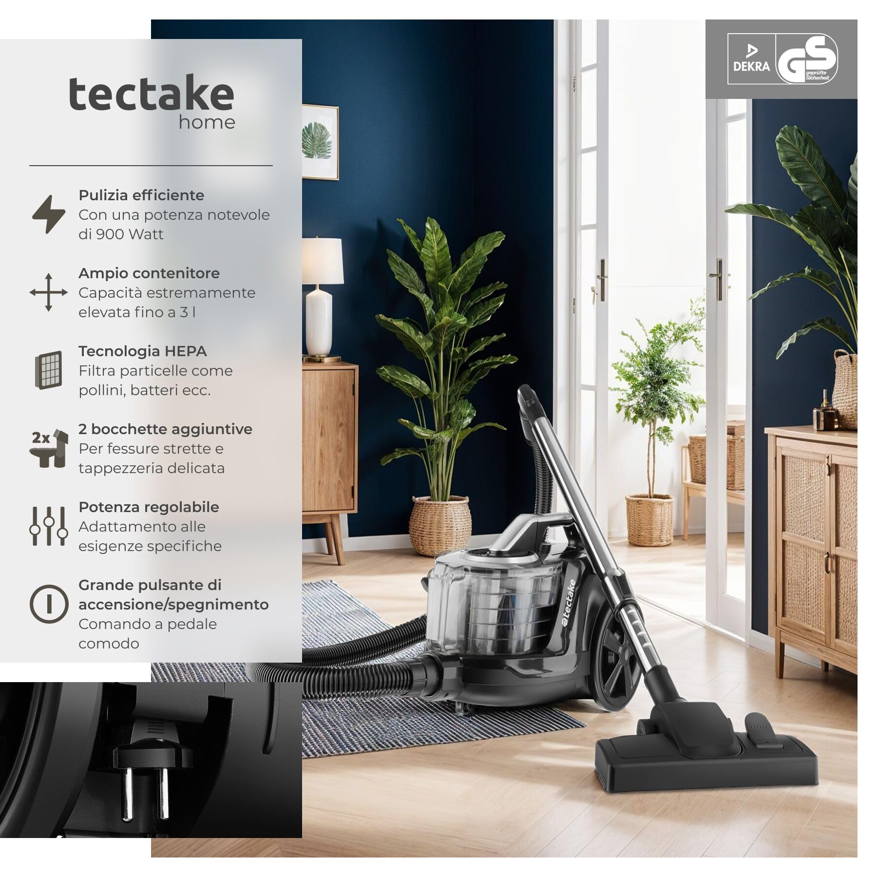 tectake® Aspirapolvere Senza Sacco 900 W, Capacità 3L, 79 dB, Aspiratore con Filtro HEPA XXL, Ideale per Pavimenti e Tappeti, Contenitore Grande per Polvere, Asta Telescopica, Accessori Inclusi