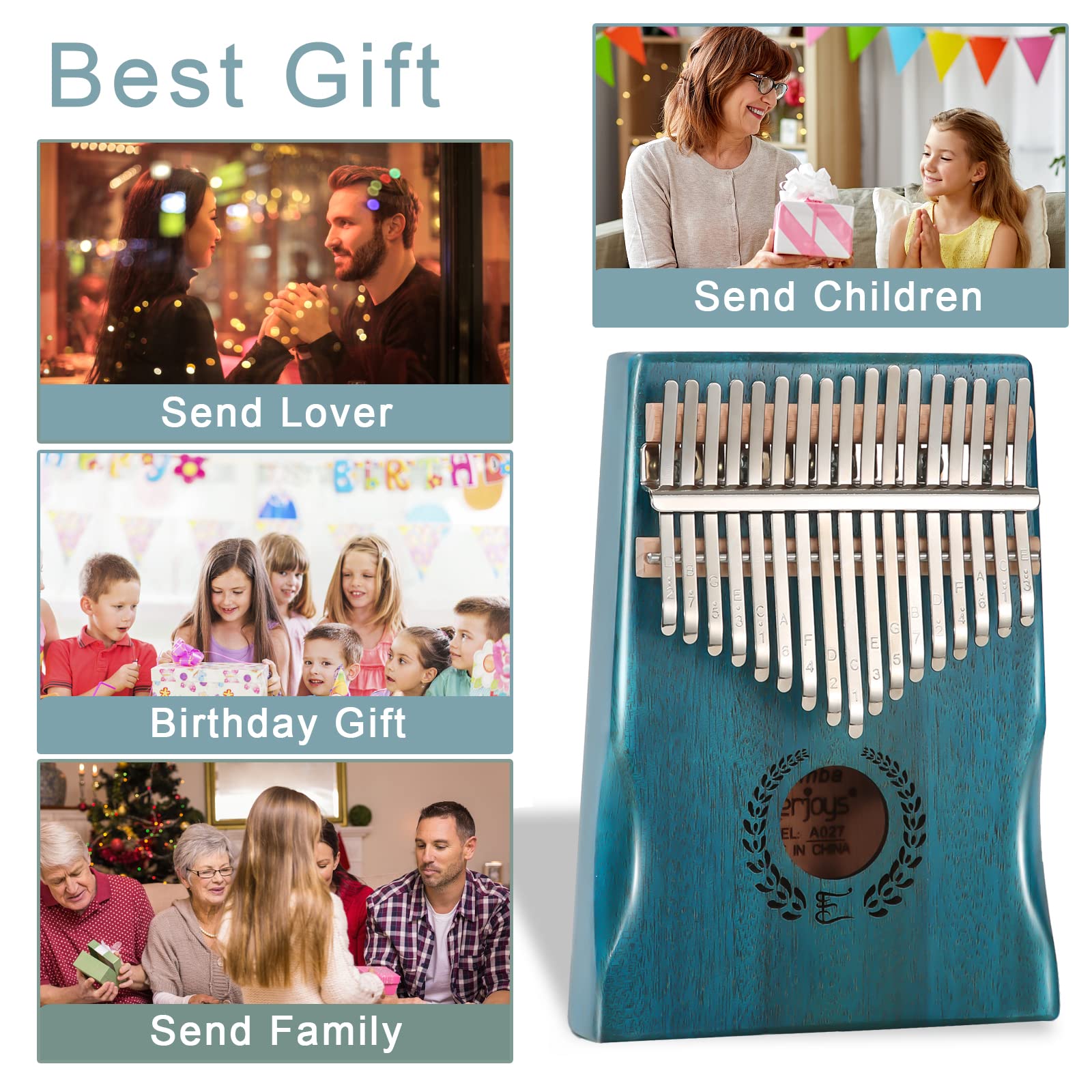 Everjoys Kalimba - Piano da pollice a 17 tasti, portatile, con custodia protettiva, libro di canzoni veloce per imparare, martello per accordare, kit tutto in uno, naturale