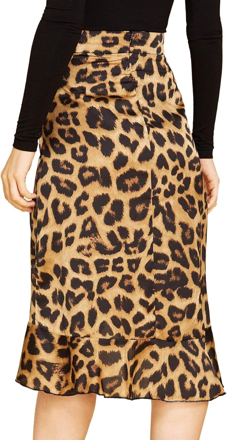 SheIn Women's Leopard Print Ruffle Hem Casual Midi Warp Skirt Small Multicolor