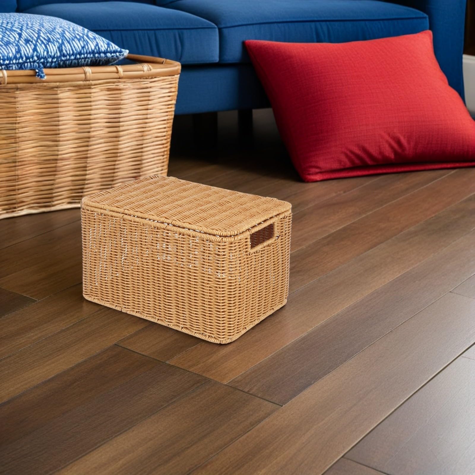 POPETPOP Cesta de Almacenamiento de Ratán Sintético, Cesta de Almacenamiento Rectangular con Tapa, Grande, Khaki, Ligera y Portátil para Juguetes, Maquillaje y Baño Hogar y Dormitorio