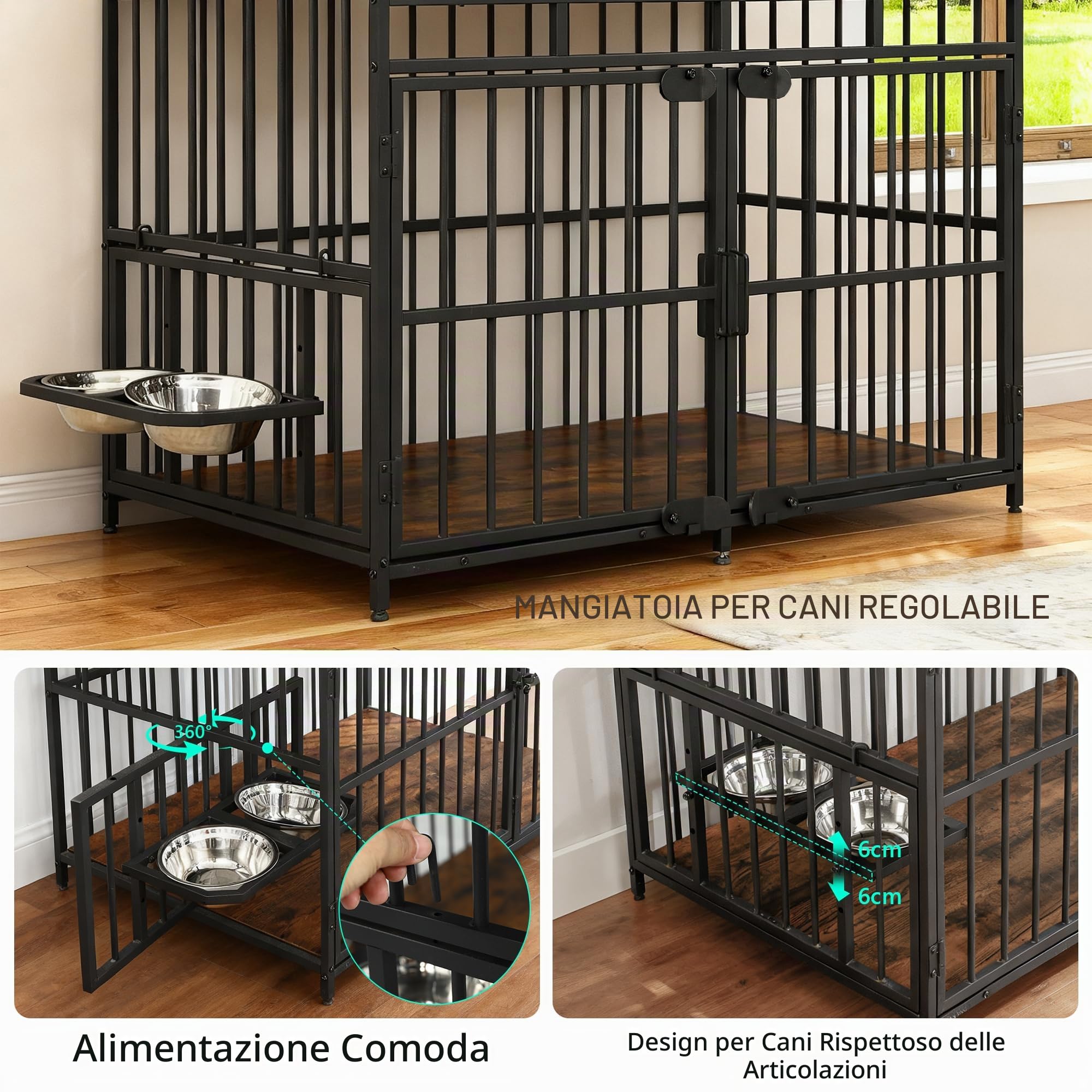 FEONASE Grande gabbia per cani con contenitore, mobile per cani con mangiatoia rialzata regolabile a 360°, resistente, in acciaio e impermeabile, marrone