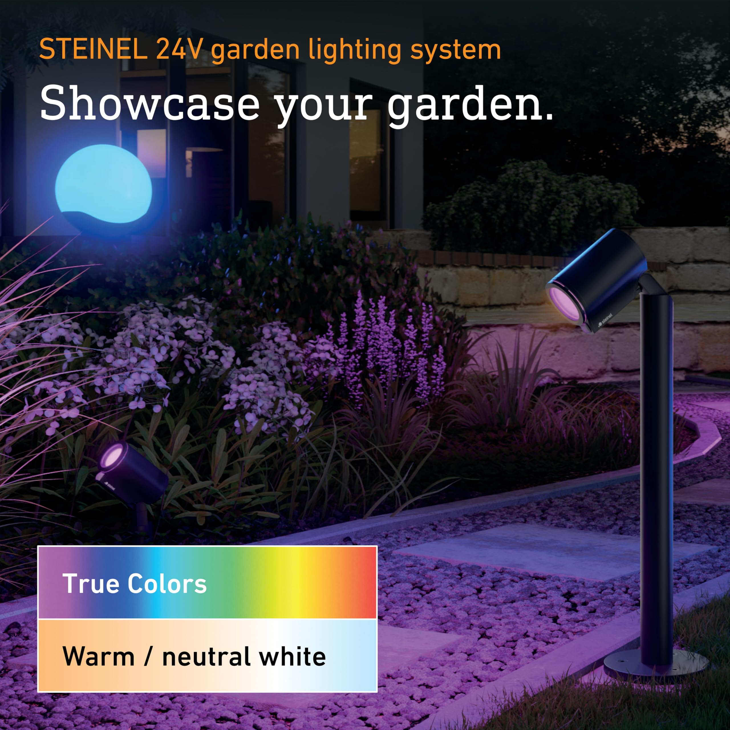 Steinel Zewnętrzna lampa słupkowa Spot Way C 24 V, RGBWW, 16 mln kolorów, czujnik zmierzchu, ściemnialny LED-reflektor ogrodowy, sterowanie aplikacji, Plug & Play, IP65