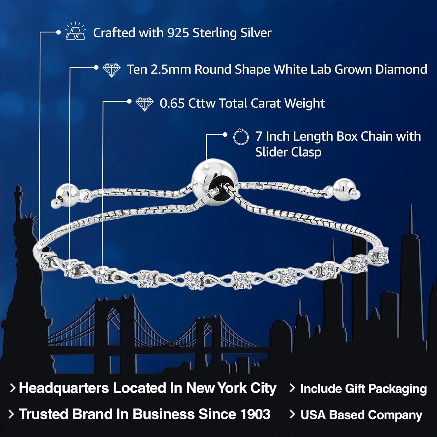 Gem Stone King Round Gemstone Birthstone Tennis Bracelet For Women | 925 Sterling Silver | 2.5MM Round | Fits Up To 9 Inch Wrist | Adjustable Bolo Bracelet For Women | Easy-On Easy-Off
