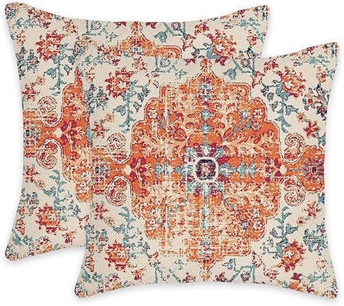 Juego de 2 fundas de almohada con estampado étnico bohemio y azul naranja con estampado de doble cara para decoración de sofá cama para interiores y