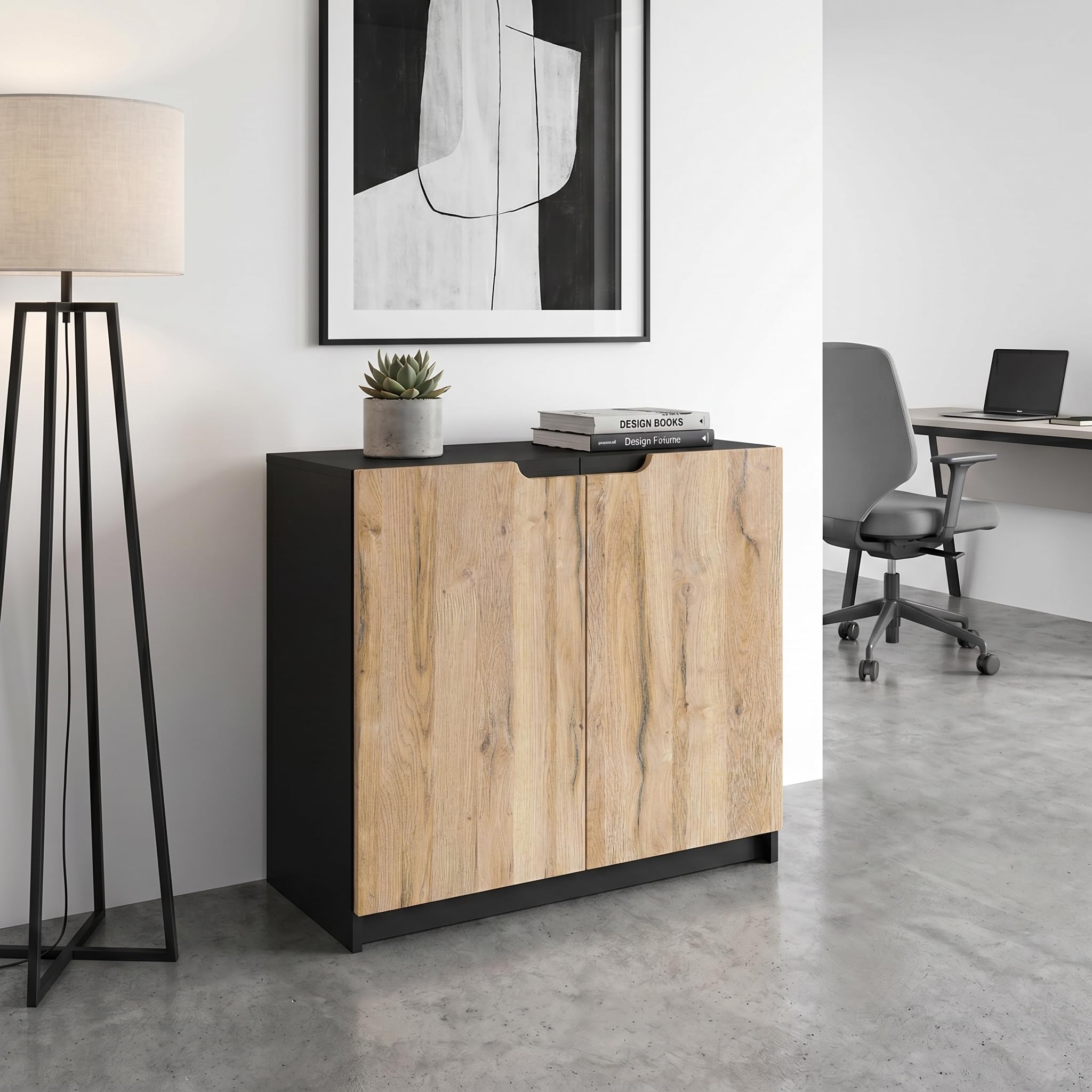Vladon Sideboard Logan, Made in Germany, Kommode mit 2 Türen, Schwarz matt/Eiche Natur (82 x 78 x 37 cm)