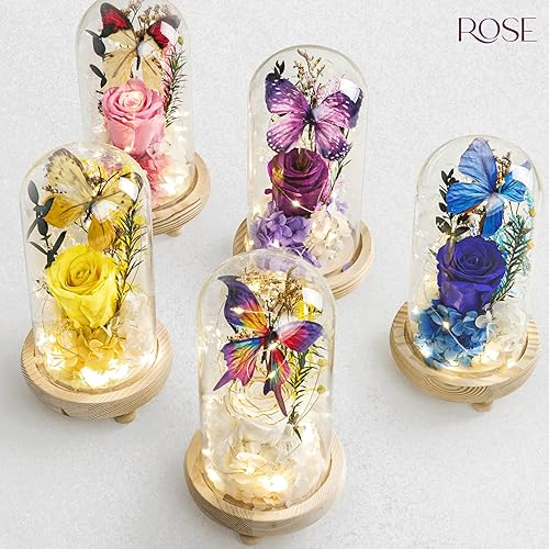 Miniatura 8 de Forever Flowers Rosas Preservadas Entrega Prime, Regalos con Luz en Cúpula de Vidrio para Mamá Abuela Esposa Novia, Flor Rosa para Navidad, Día de