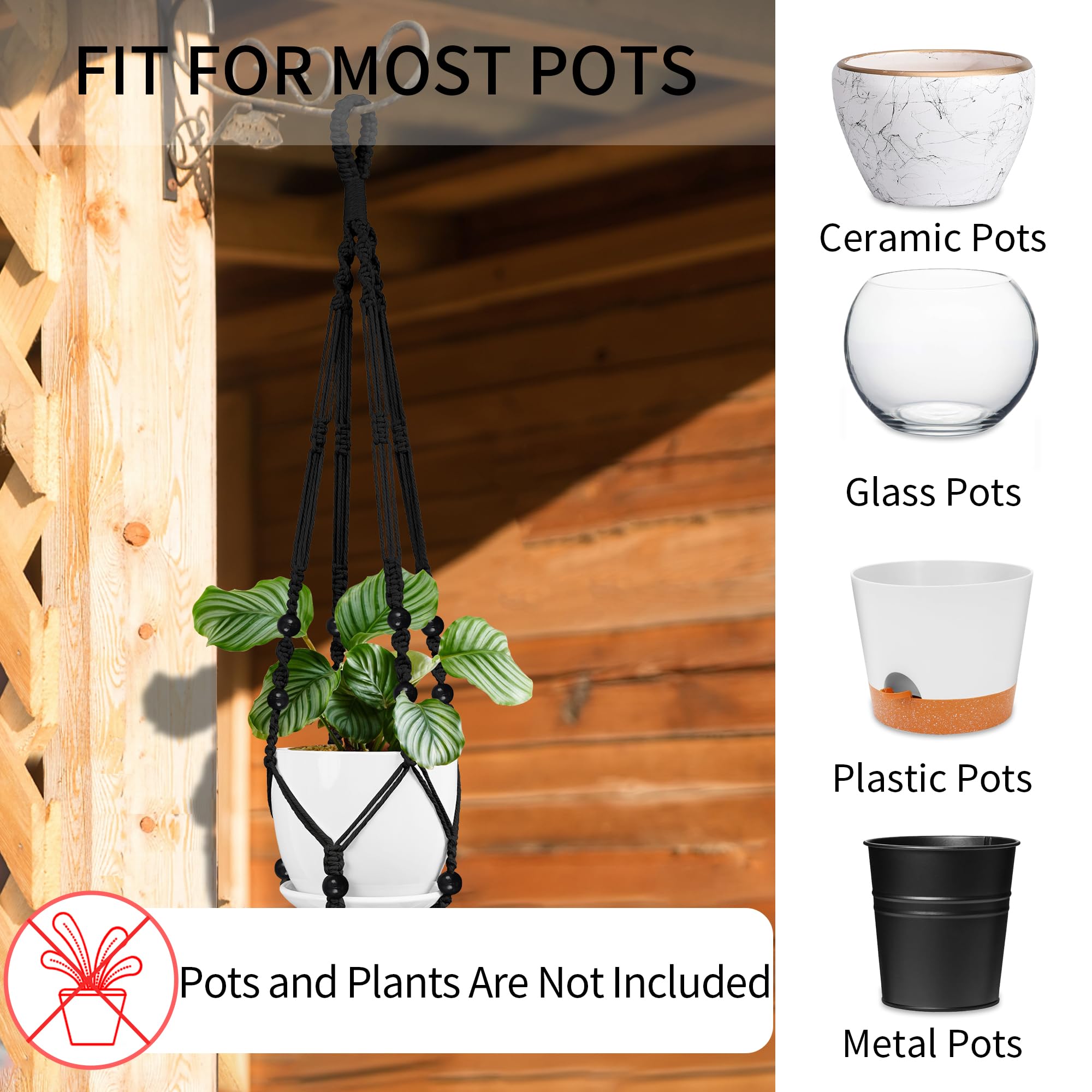 Lot de 3 suspensions en macramé pour plantes – 109,2 cm/88,9 cm/73,7 cm de différentes tailles, support de pot de fleurs à suspendre pour intérieur et extérieur, avec perles en bois