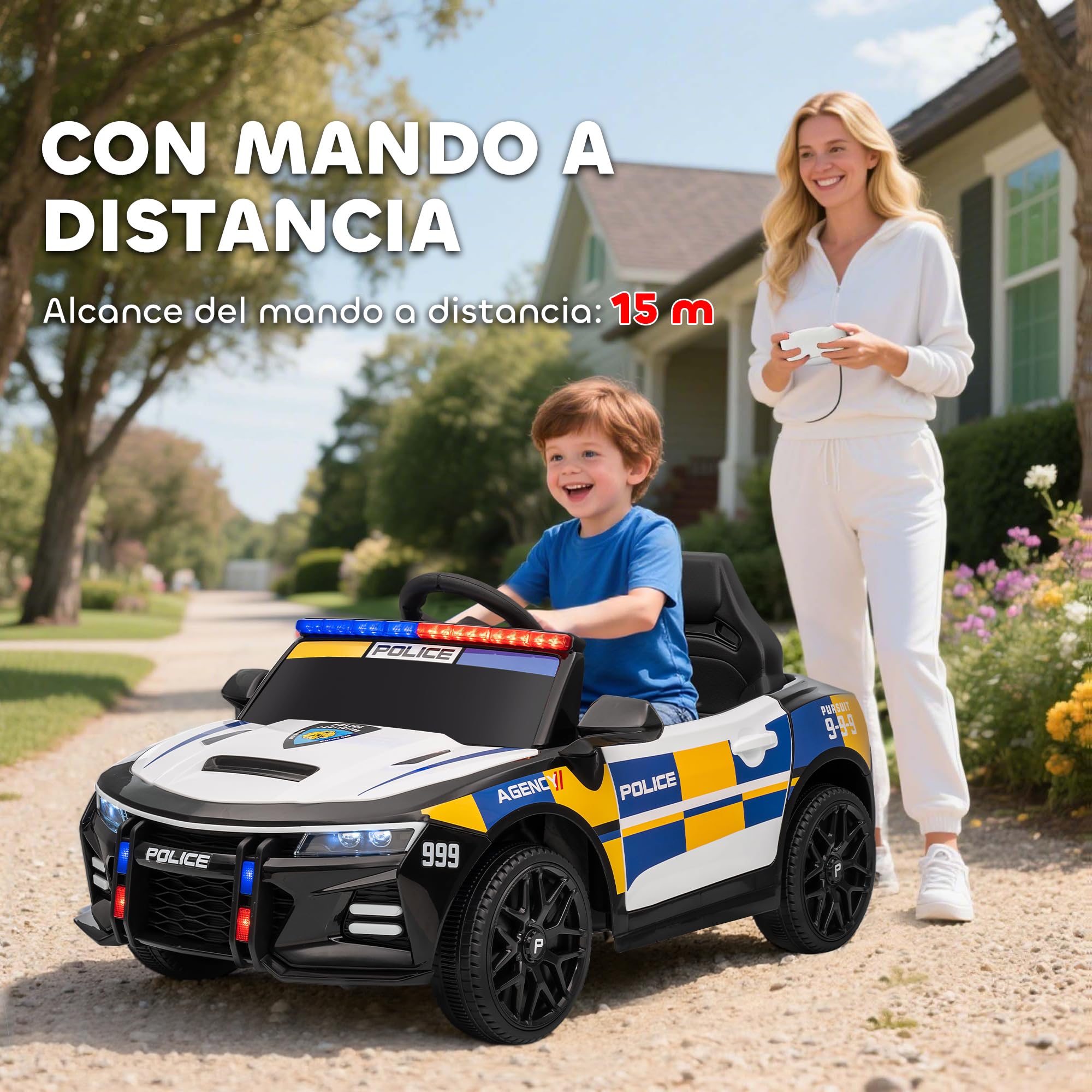 AIYAPLAY Coche Eléctrico Policía 12V para Niños +3 Años con Mando a Distancia 2,4G, Luces, Sirena, Música, USB, Suspensión