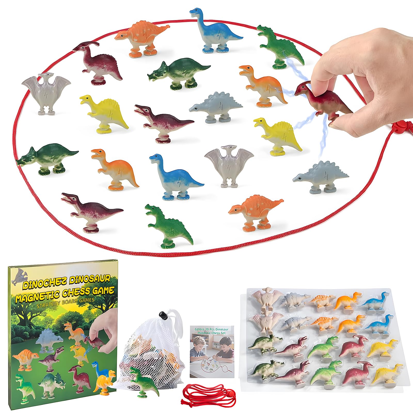 20 Pcs Dinosaur Magnetic Chess Game, Magnet Game with String & Portable Storage Bag, Dinosaur Magnetic Chess Game Stones