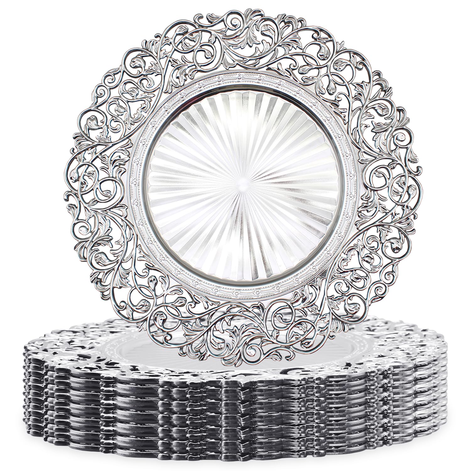 Photo 1 of 13 Inch Silver Plastic Charger Plates Set – 12 Pack, Elegant Round Disc Chargers for Table Setting, Decorative Placemats for Regular Dinner Plates, Holidays, Events, and Entertaining (Design B)