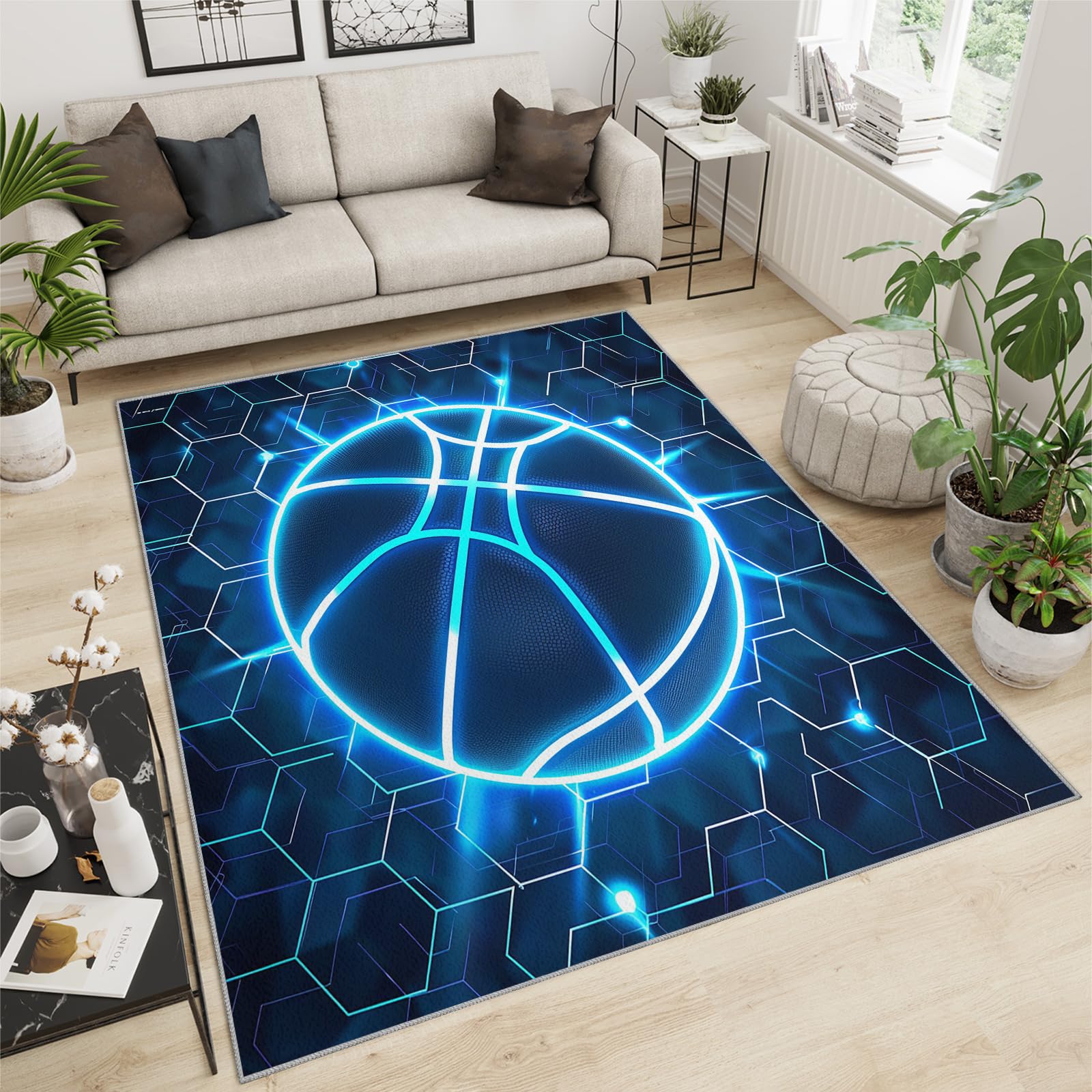 Tapis de Basket Bleu Fluo Abstrait Nid Abeille Bleu Marine Tapis de Basketball Irrégulier Rayures Hexagonales Tapis Mince pour Chambre d'Enfant Décoration de Chambre d'Adolescent 70x140cm