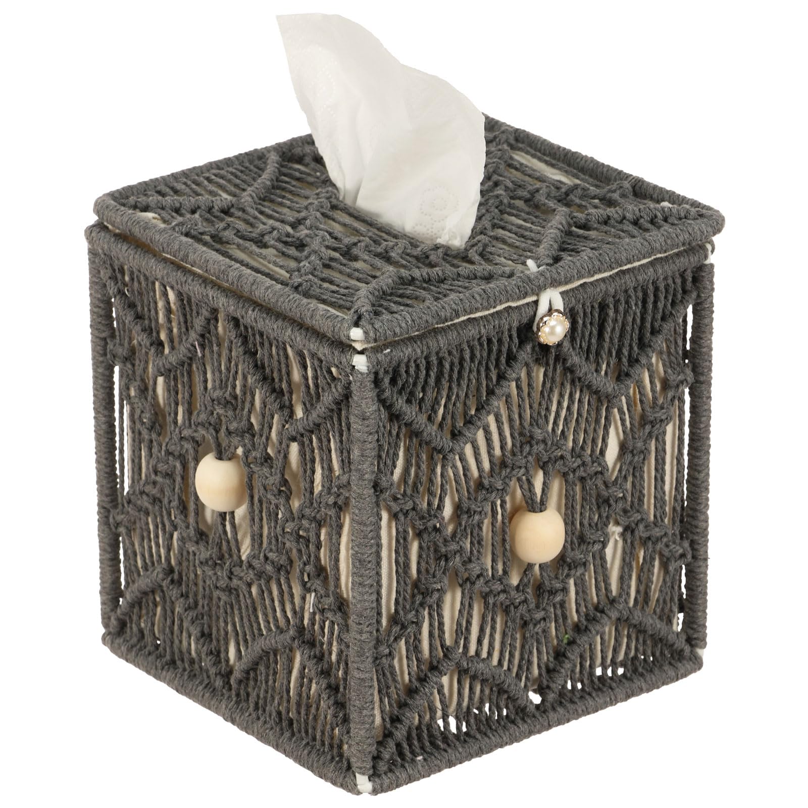 Tissue Box Cover,Woven Square Tissue Box Holder, 15×14×14 cm Bohemian Handmade Woven Tissues Cube Boxes for Bathroom Bedroom Dresser Living Room Office Dorm(Dark Grey)