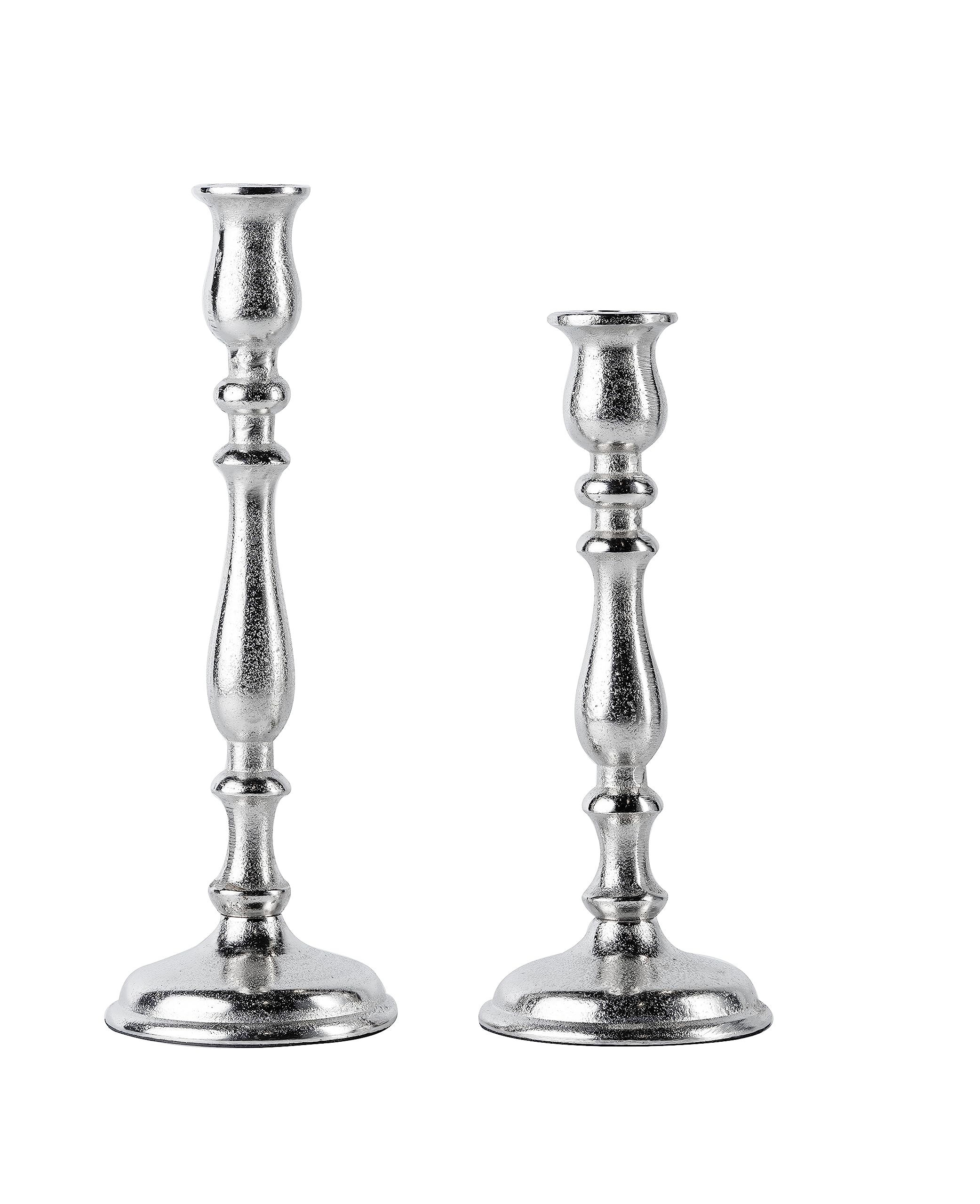 2er Set Kerzenständer Kerzenhalter Aluminium Silber Deko - Kerzenleuchter Modern für Stabkerzen - Tischdeko Hochzeit - Dekoration Wohnzimmer - H 27 und 32 cm