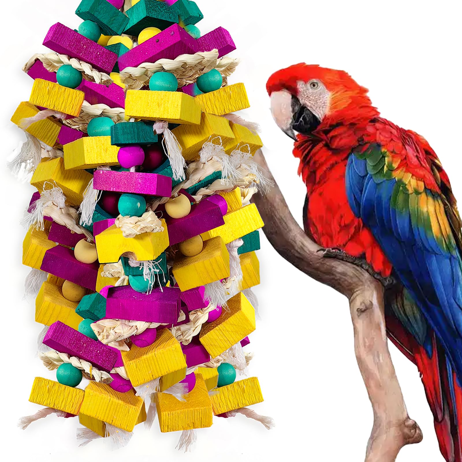 WQY GroceryShop Large Bird Toys, Multi-Color Wooden Block with Bamboo Support Bird Chewing Toy Parrot Cage Bite Toy for Macaws Cokatoos African Grey and Large Medium Parrot Birds