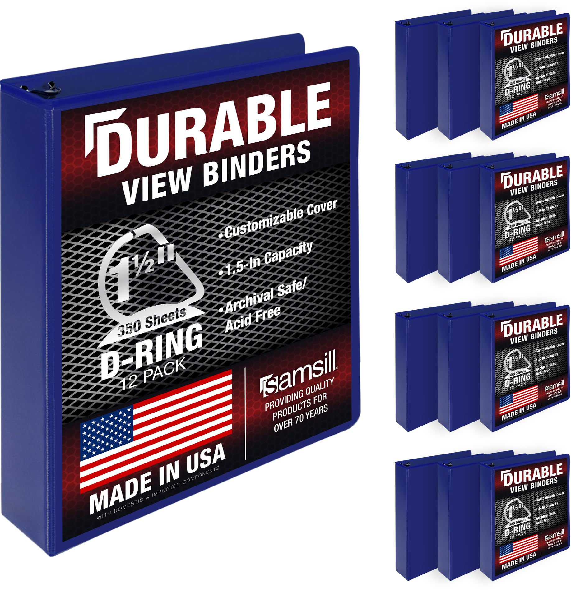 Samsill Durable 1.5 inch 3 Ring Binder, D Ring Binder, 100% Recycled Chipboard, Blue, 12 Pack
