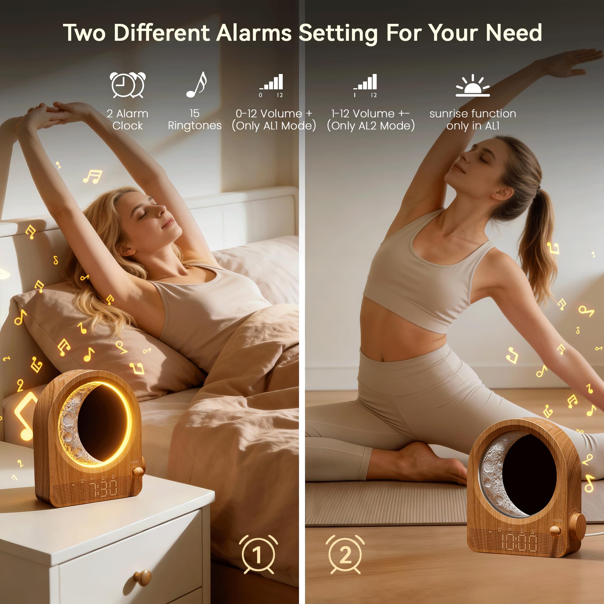 blonbar Budzik i lampa księżycowa, lampka nocna z budzikiem świetlnym, budzik światła dziennego, lampka nocna z 3 poziomami jasności, 10 naturalnych dźwięków, idealna do sypialni
