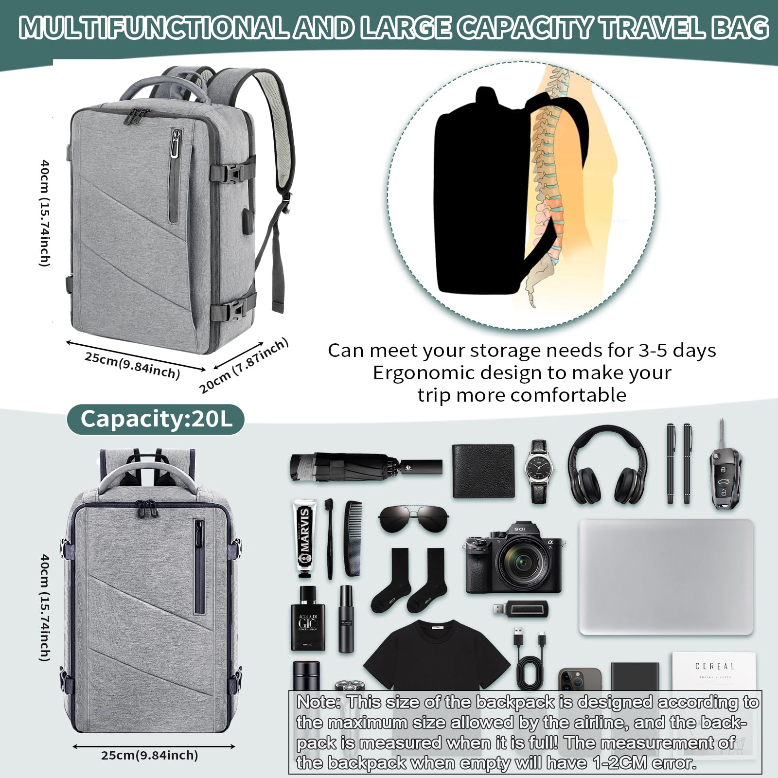 Zaino per Ryanair 40x20x25, Zaino da Viaggio Aereo Bagaglio a Mano Grigio Chiaro Zaino Porta PC Donna Uomo Impermeabile Zaino Bagaglio a Mano per Tutte le Principali Compagnie Aeree, con Porta USB 20L