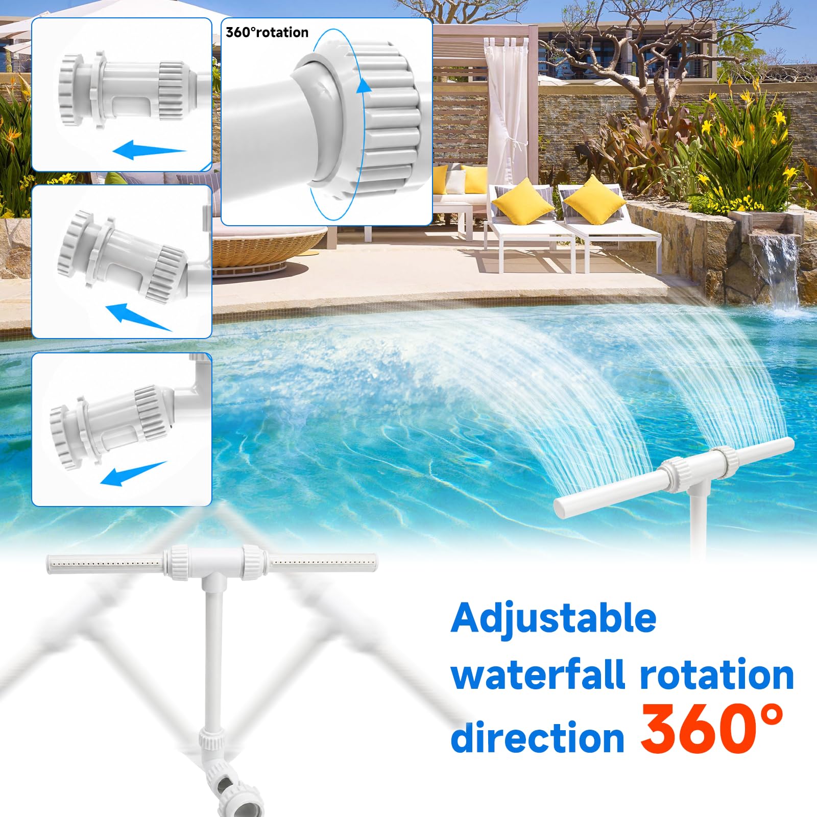 Pool Wasserfall Brunnen Dual Spray Einstellbar – Für Aufstellbecken & Inground Spa –Belüfter & Wasserspiel mit Adapter – Kühlt oder erwärmt das Wasser