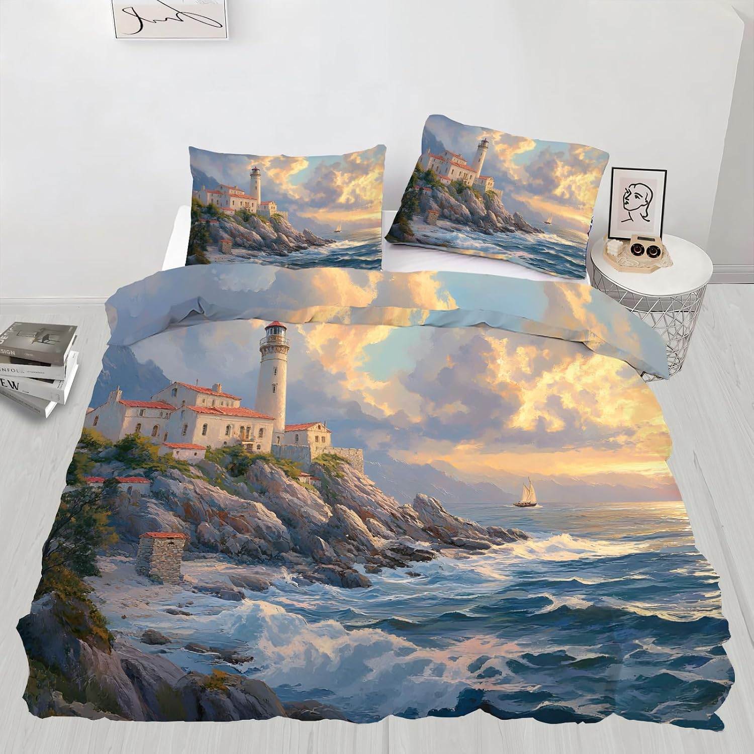 Lighthouse Duvet Cover, Ocean Bedding Set Cover for Kids Boys Girls Teens, Reversible Seascape Duvet Cover with Zipper Closure and 2 Pillow Shams, Queen Size 90"x90"