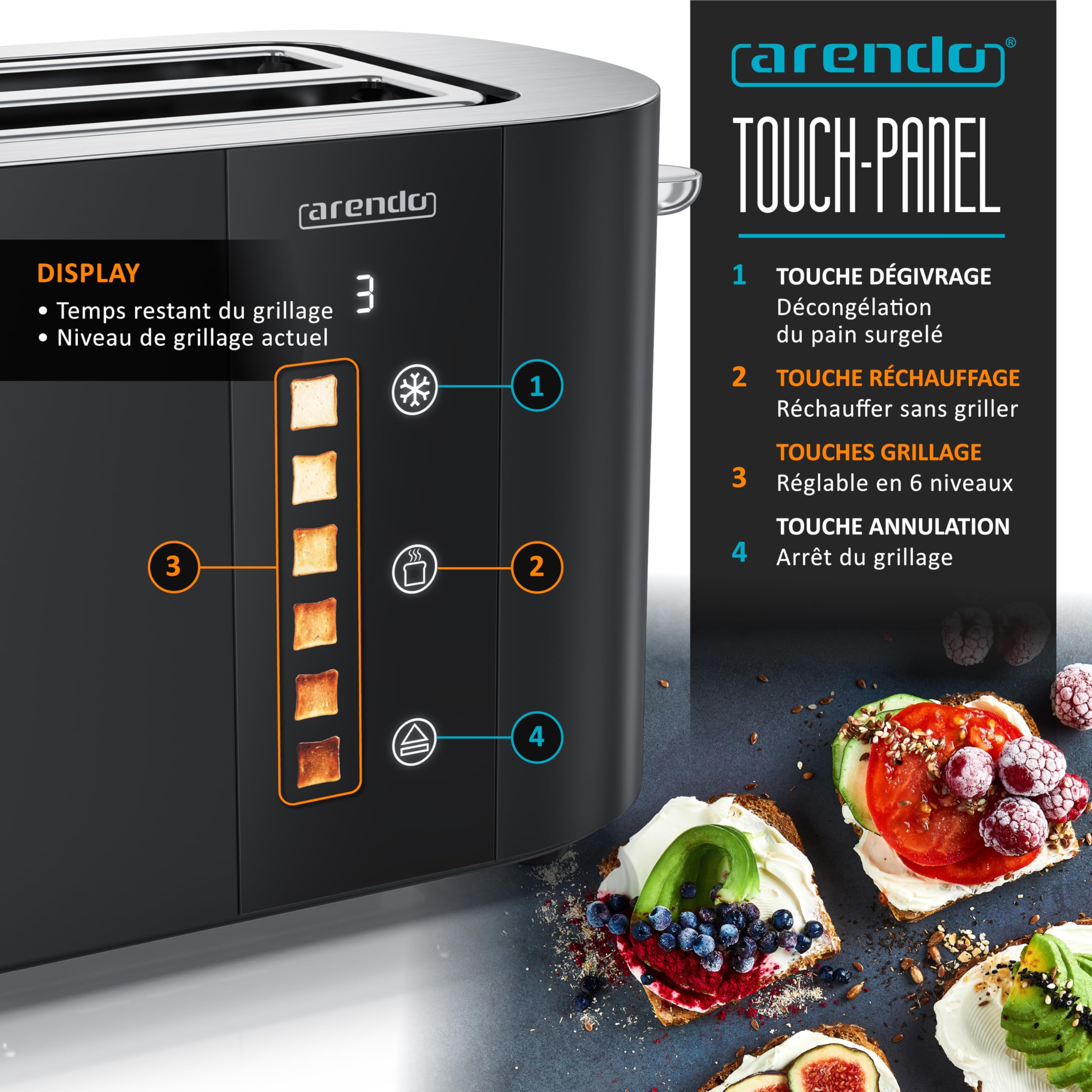 Arendo - Grille-pain Fentes longues Tranches Toaster Arendo Affichage couleur des niveaux de brunissage, Écran avec minuterie, Commandes tactiles, Réchauffe-Viennoiseries Niveaux de brunissage 1 à 6