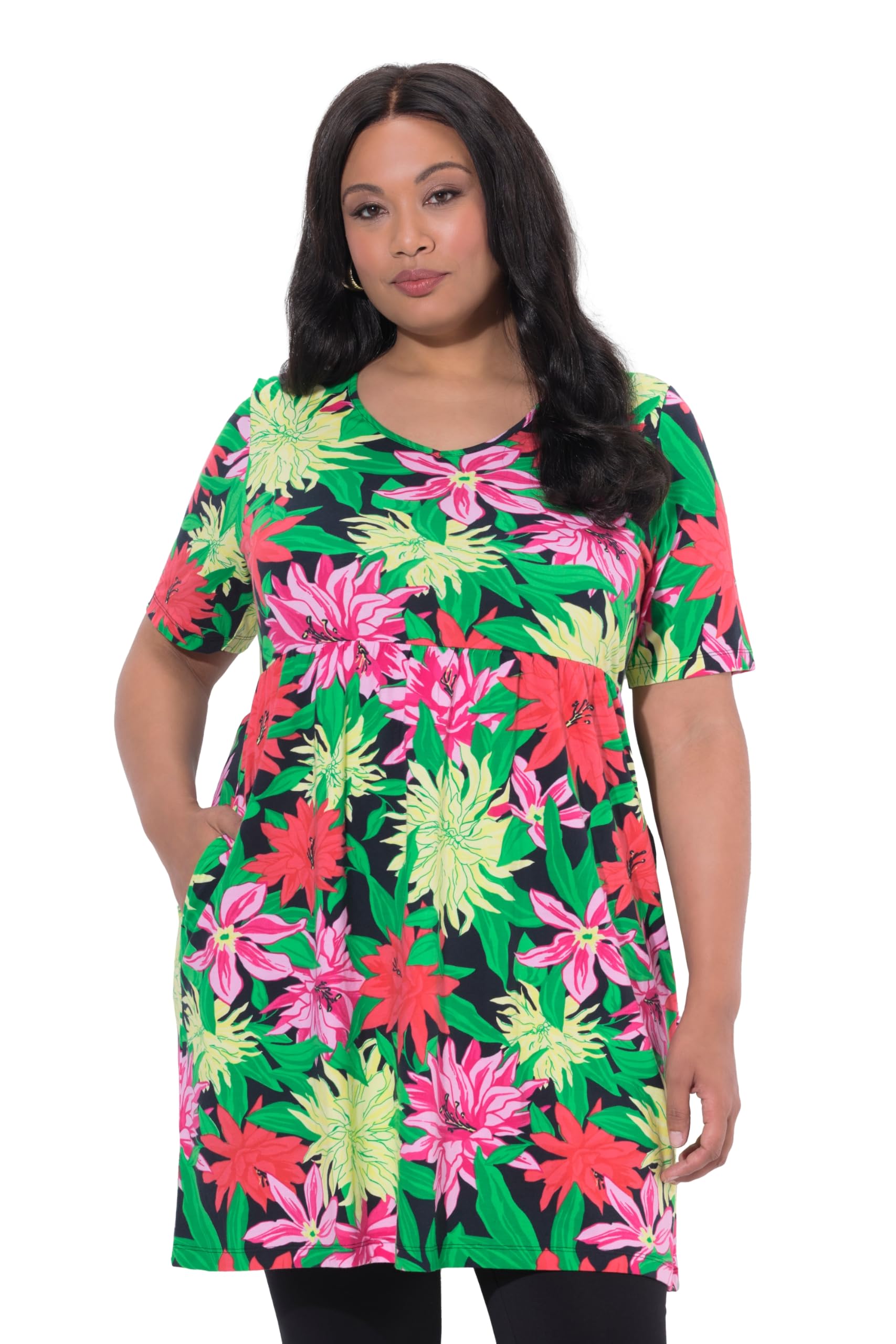 Ulla Popken Damen große Größen Übergrößen Plus Size Longshirt, Blüten, A-Linie, V-Ausschnitt, Halbarm 847588