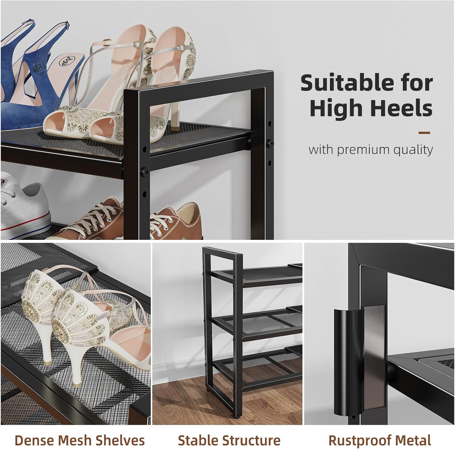 Simple Trending 3-Tier Expandable Shoe Rack, Adjustable & Stackable Shoe Organizer, Metal Mesh Free Standing Shoe Shelf Storage for Closet Entryway Doorway, Black