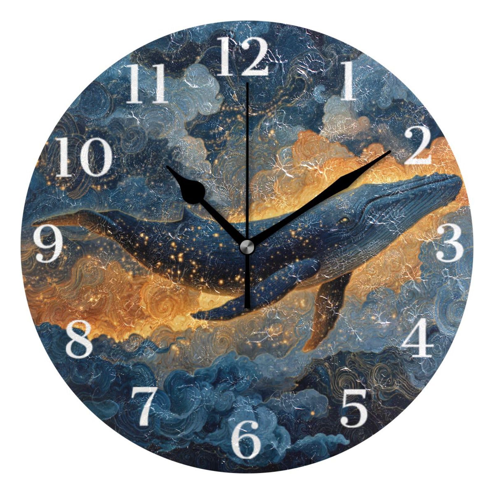 Ensound Blue Whale in Sky Wall Clock Silent Non-Ticking Battery Operated Clocks 12 Inch for Kitchen Home Living Room