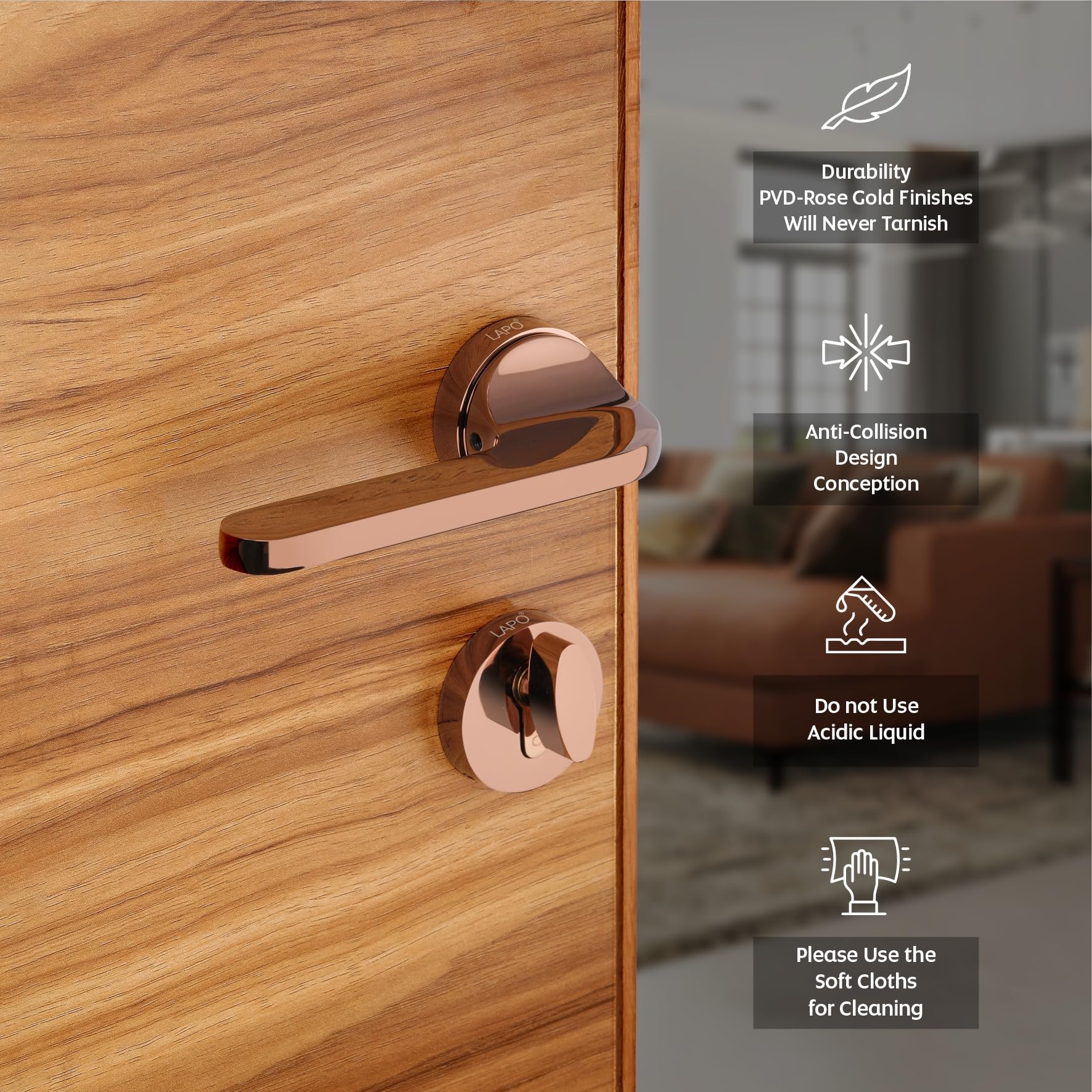 LAPO Mortise Door Lock for Home Main Door & Bedroom with Handle | Left-Right Fit 30-50mm Door Home Office Hotel | 3 Brass Keys | Heavy-Duty 70mm Cylinder | 50x85mm Body | Rose Gold Finish | Ro-127 3
