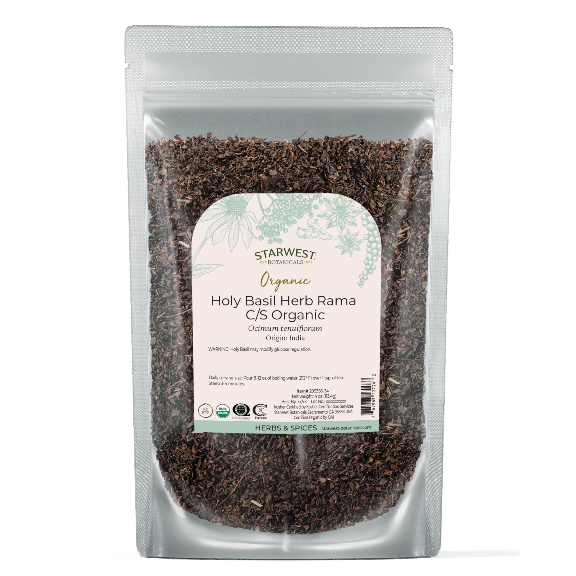 Starwest Botanicals Organic Tulsi Holy Basil - Dried Loose Leaf Herb for Tea & Cooking, Pure & Natural Ocimum Tenuiflorum (Rama), Cut & Sifted, Certified Kosher, Non-GMO - 4 oz Pouch