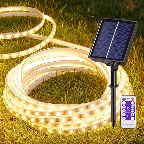 LUHLEE Tira de luces LED solares para exteriores, 300 luces LED más brillantes de 16.4 pies para exteriores con control remoto, 8 modos de