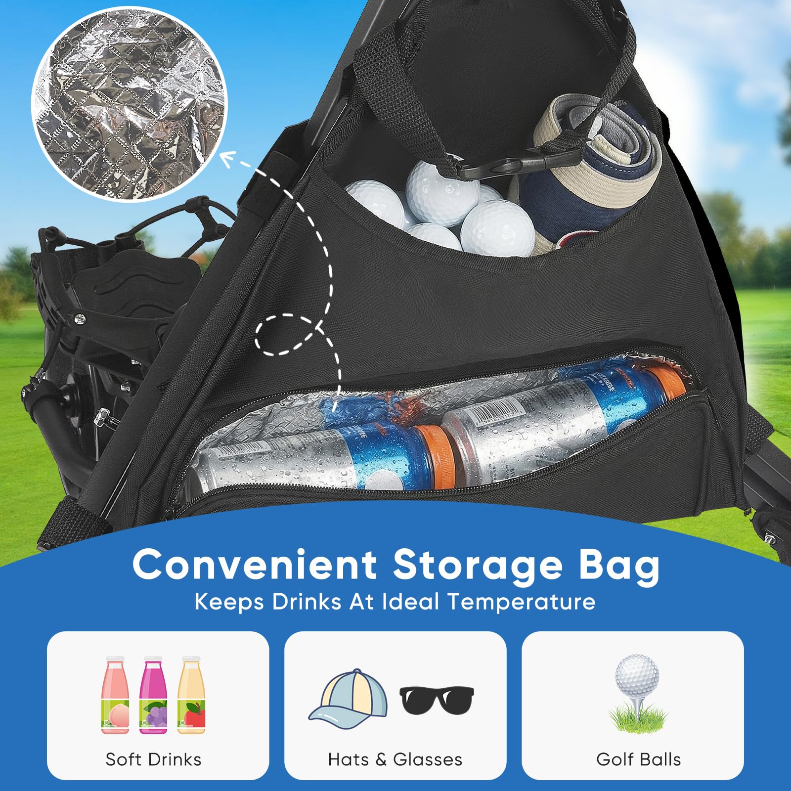 Golfwagen Klappbar 3 Räder, Golf Trolley Leicht mit Fußbremse, zusammenklappbarer Golf Caddy mit Eva Rollen, Kühltasche & Schirmhalter, für Jede Golftasche