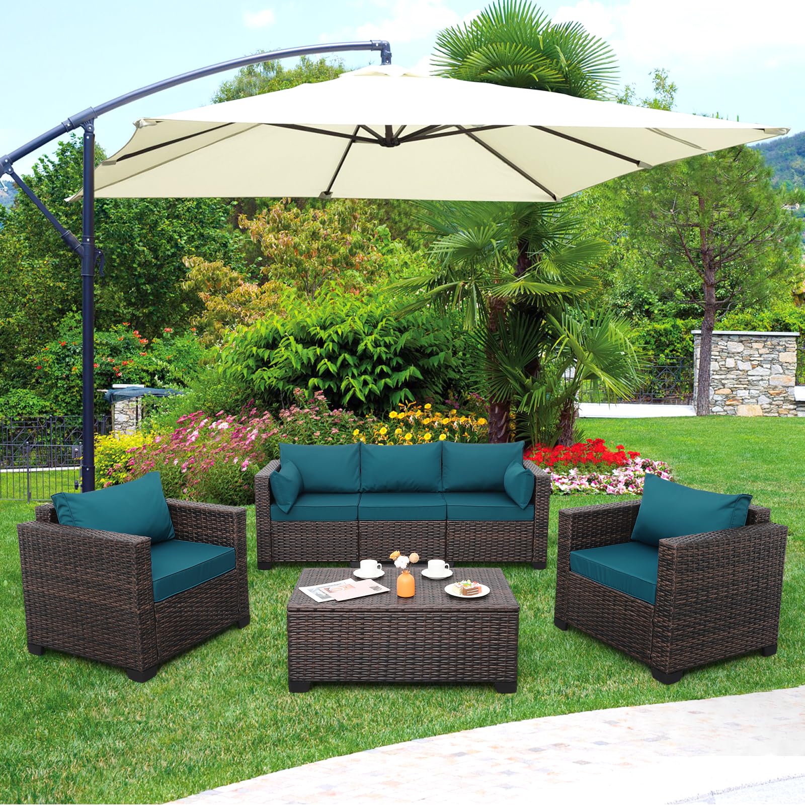 Amazon.com: Valita Patio Rattan Furniture Set 4-Piece Outdoor PE Wicker Conversation Couch, Brown Sectional Sofa Couch with Storage Coffee Table Non-Slip and Washable Peacock Blue Cushions : Patio, Lawn & Garden