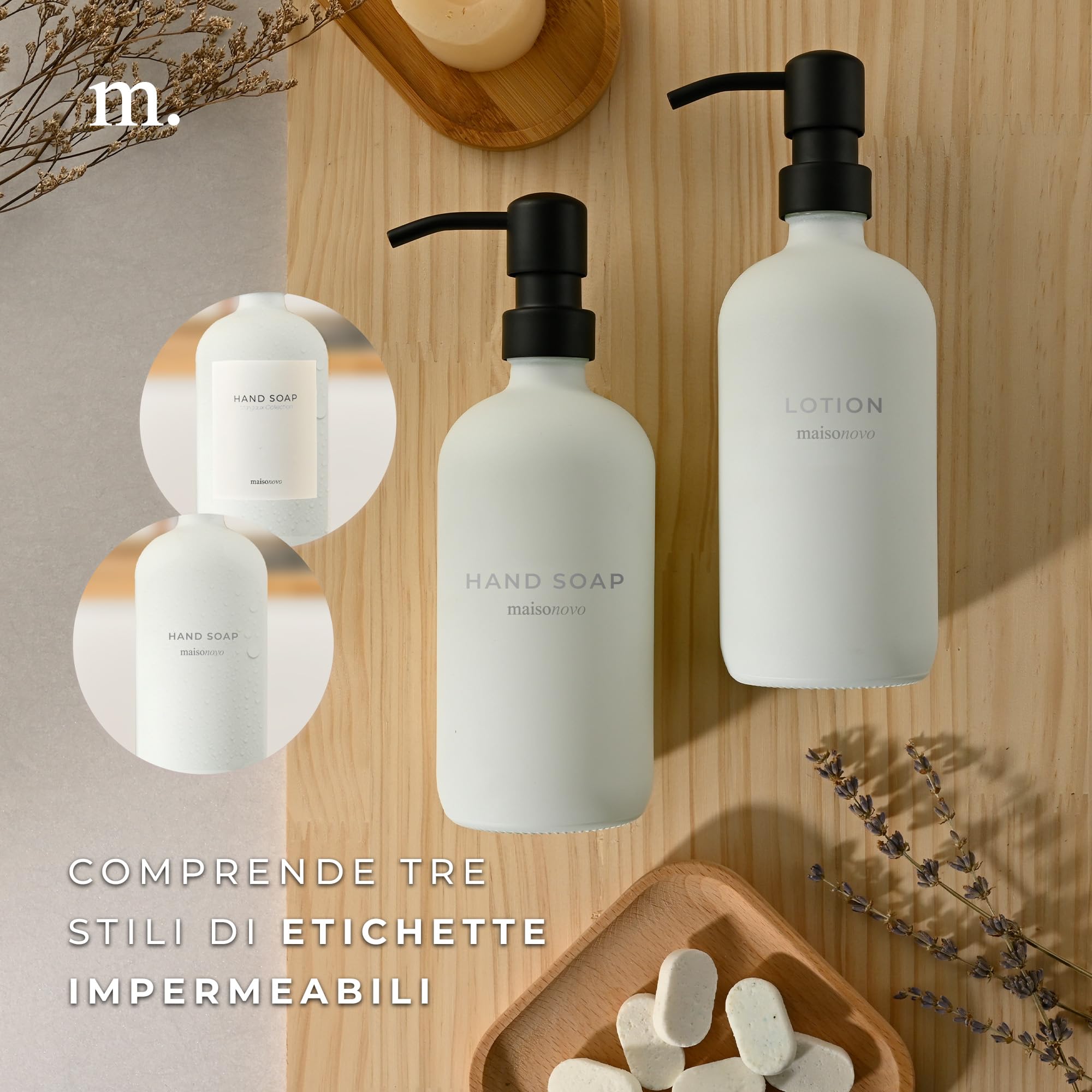MaisoNovo Set di 2 dispenser per sapone da bagno - Dispenser per sapone liquido da 500 ml - Flaconi bianchi con pompe in plastica nera