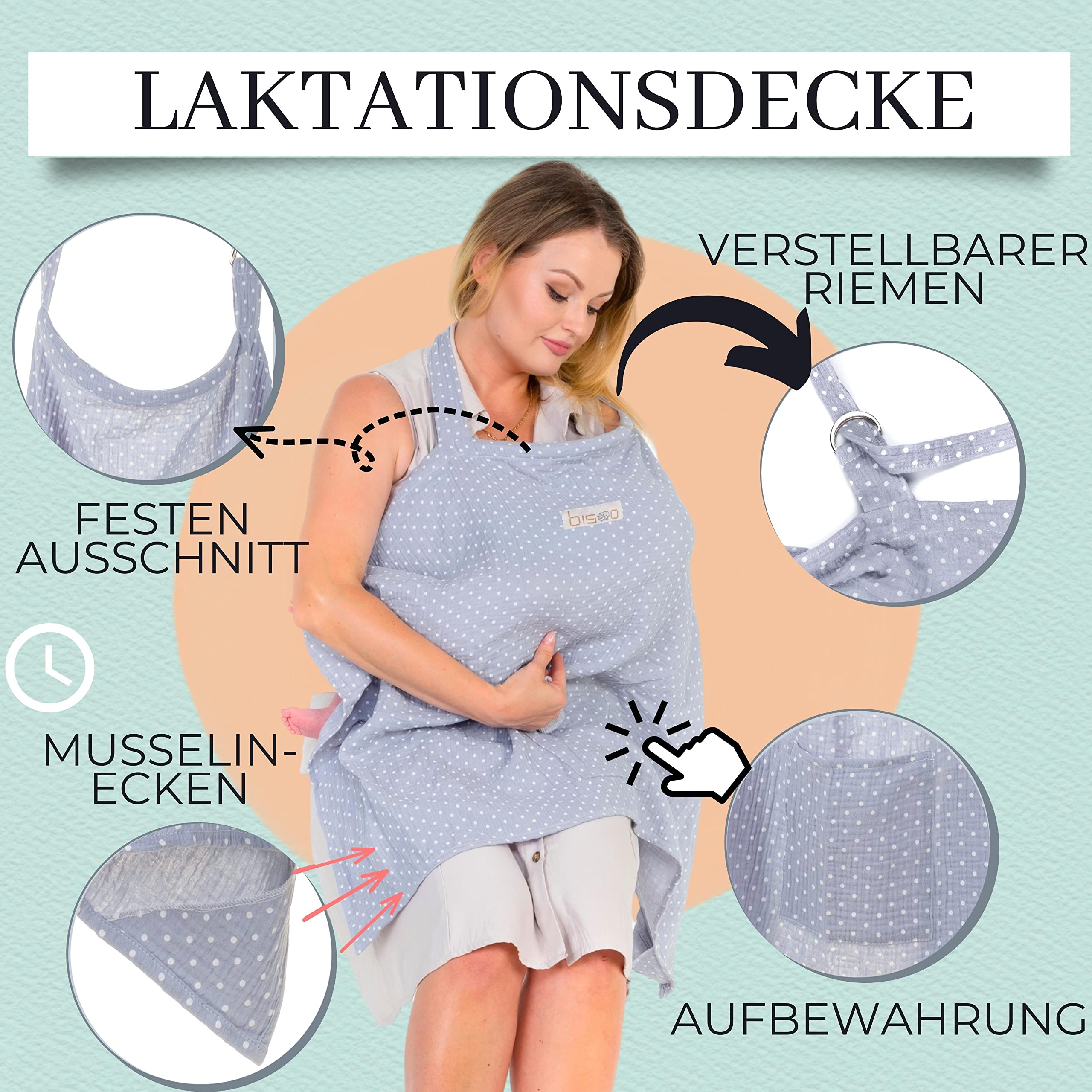 Bisoo Stilltuch für Unterwegs - Still Einstellbar Schal 100% Musselin, Atmungsaktiv, Multifunktional mit Aufbewahrungstasche - Baby Blau