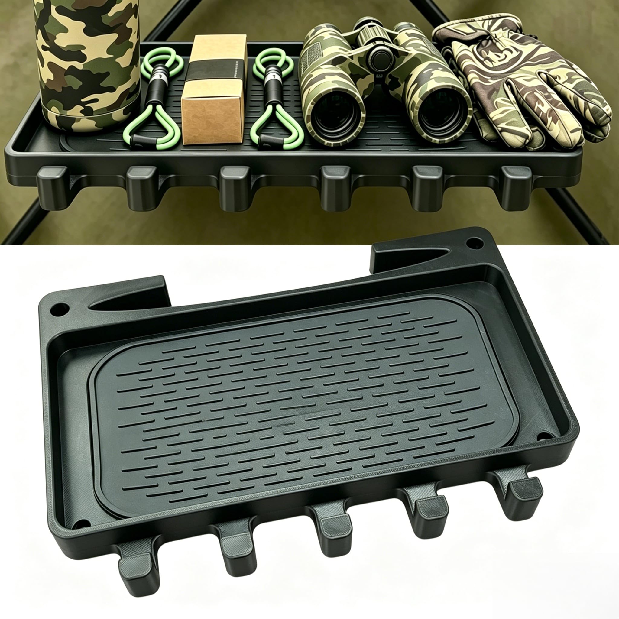 Hunting Blind Shelf for Hub Style Ground Blinds - 10" x 6.9" Gear Organizer with Silent Non-Slip Pad, 5 Hooks & Drainage Slots - Lightweight Blind Table for Deer & Turkey Hunting Accessories