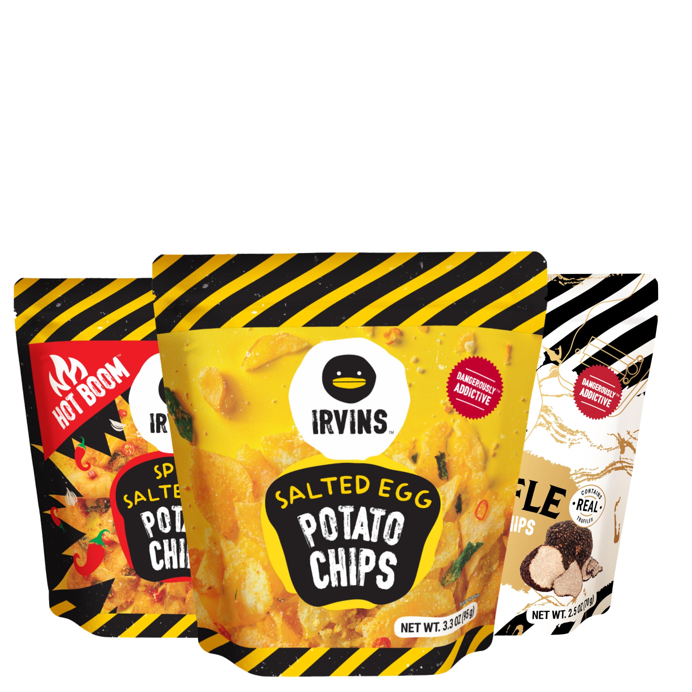 IRVINS Potato Chips Crisps Variety Pack Of 3: Salted Egg Potato Chips (3.7 oz), Spicy Salted Egg Potato Chips (3.7 oz), Truffle Potato Chips (2.5 oz)