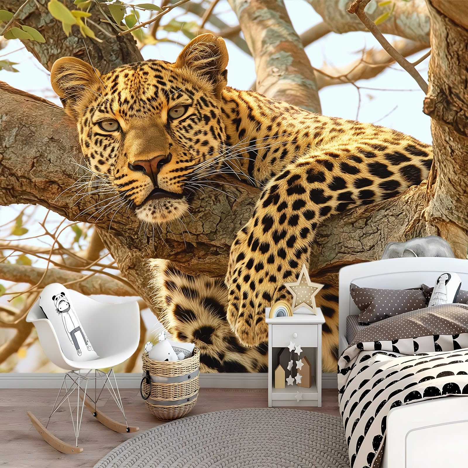 Fototapete 3D Effekt Tiere Leopard Akazie 250x175 cm Vliestapete Wohnzimmer Schlafzimmer Vlies Tapete Art Wandtapete UV-Beständig Wanddekoration Tapete