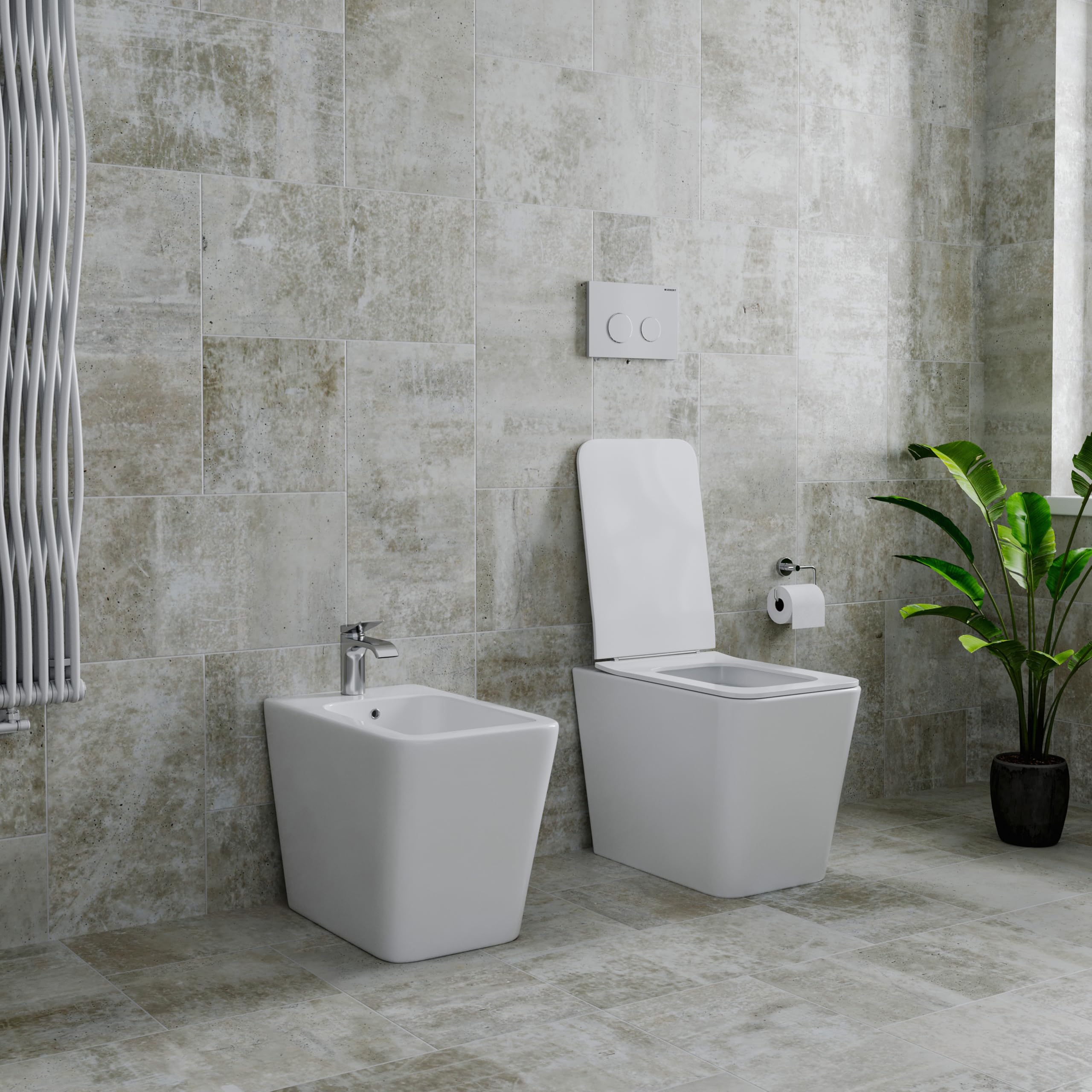 Set Sanitari Filomuro WC e Bidet Quadrati in Ceramica con Copriwater Soft Close e Sgancio Rapido Bianco Lucido Design Moderno (Quadrato)