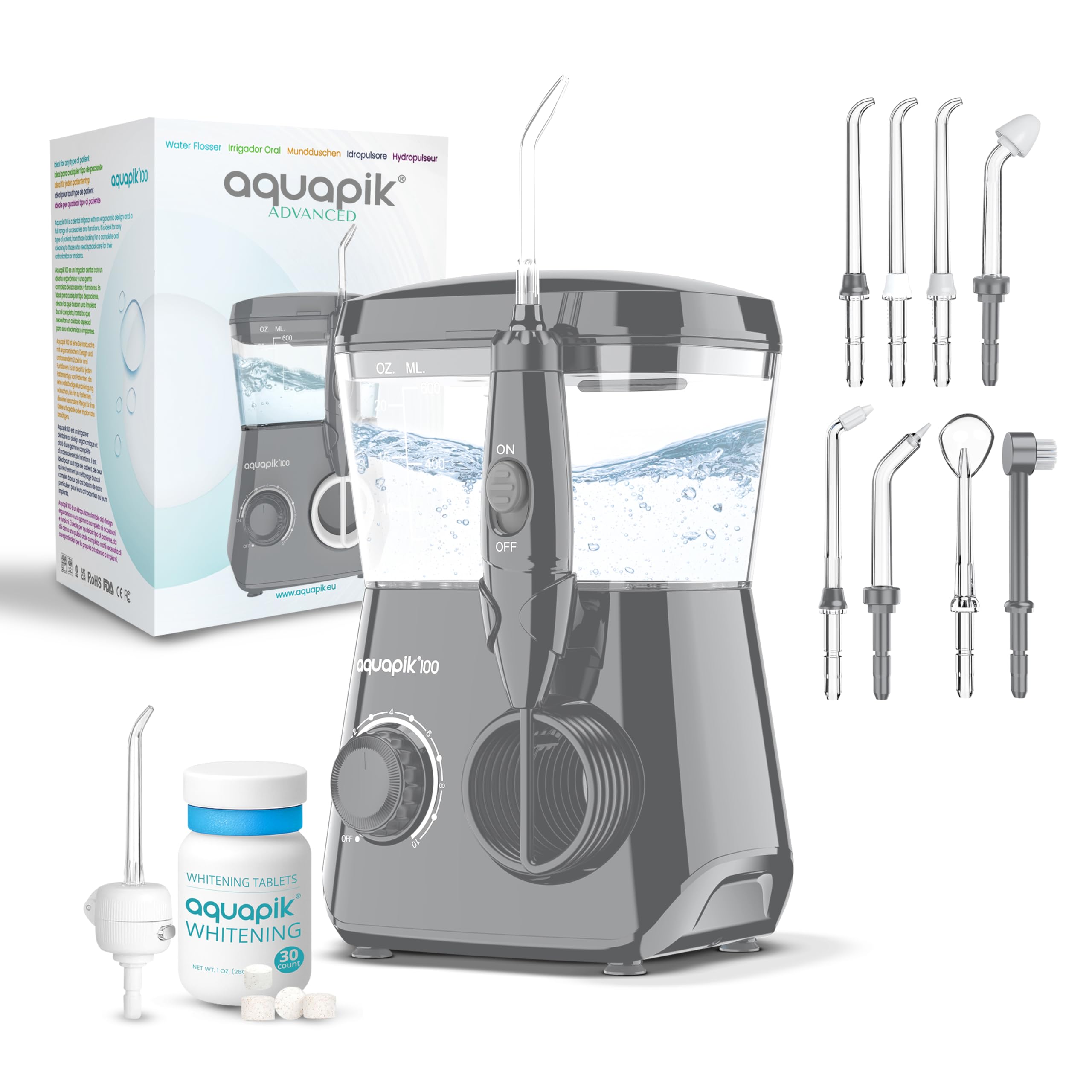 Aquapik® ADVANCED irygator do jamy ustnej, idealny do ortodoncji, implantów i wrażliwych dziąseł, zestaw wybielający + 8 ust, 10 poziomów ciśnienia, zalecany przez dentystów (szary)