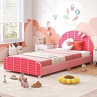 Vista 19 de Costzon Marcos de cama individual para niños, plataforma de cama individual tapizada de madera con soporte de listones, cabecera y pie de cama
