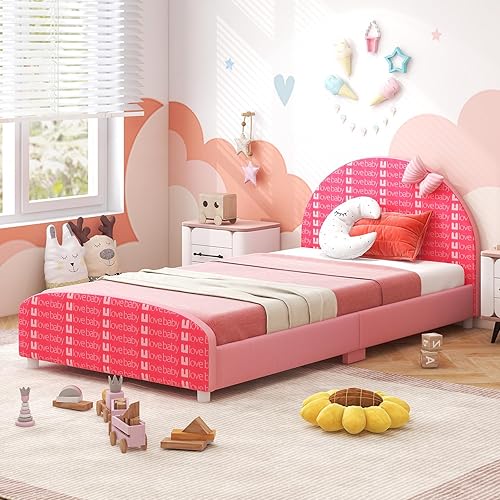 Costzon Base de cama individual para niños, plataforma de cama individual tapizada de madera con soporte de listones, cabecera y estribo acolchados,