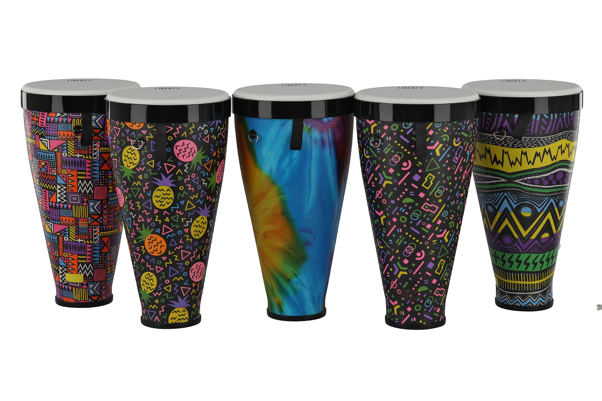 GewaLiberty Timbau Stackable Drums – Size (Diameter): 9 Inches (22.8 cm), Height: 18 Inches (45 cm) – Set of 5: Colours – Crazy Neon, Pineapple, Abstract, Batik, Sarong
