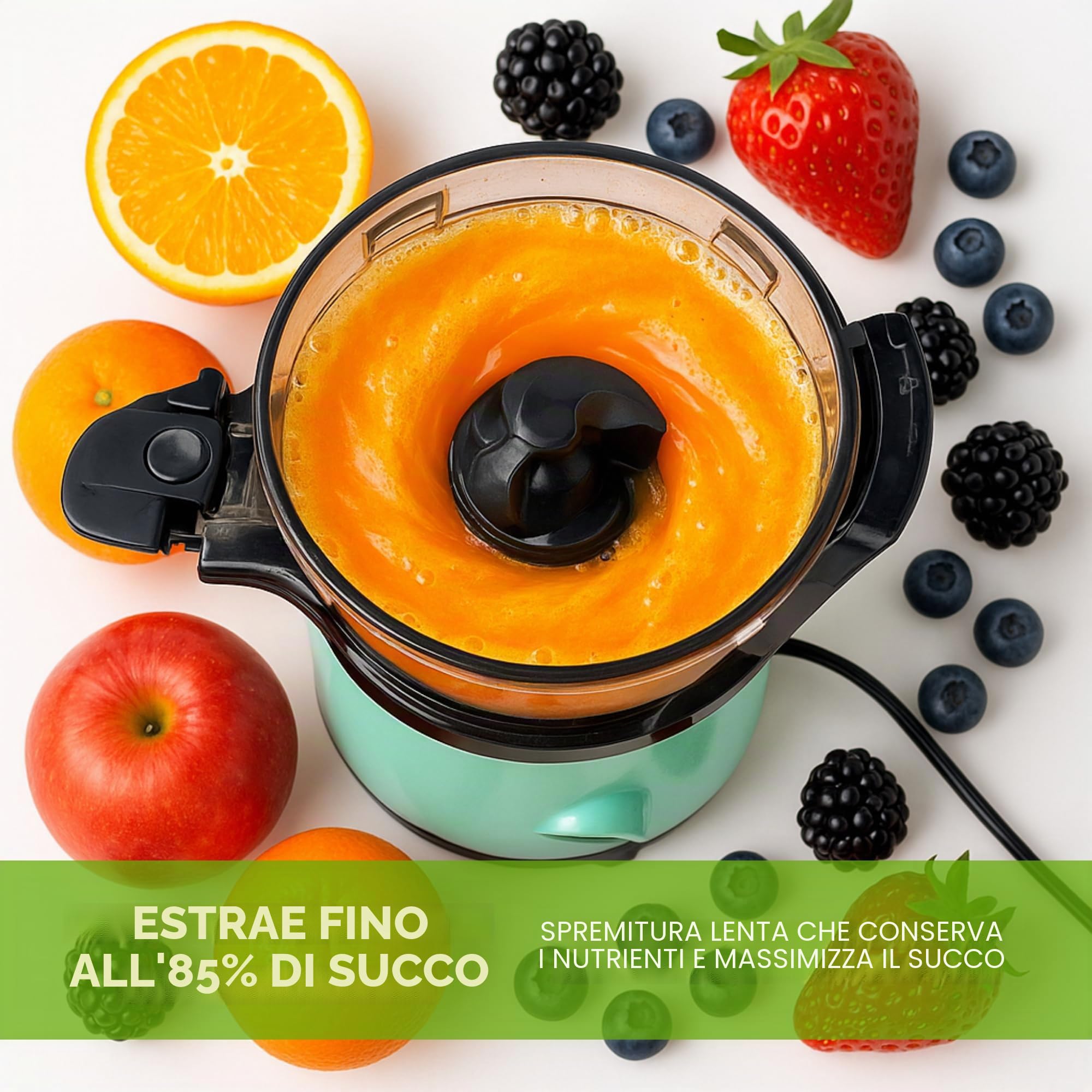 JuiceInstant - Estrattore di succhi compatto per frutta e verdura, spremiagrumi elettrico senza BPA, con setaccio, antigoccia, frullatore lento che conserva vitamine (acqua)