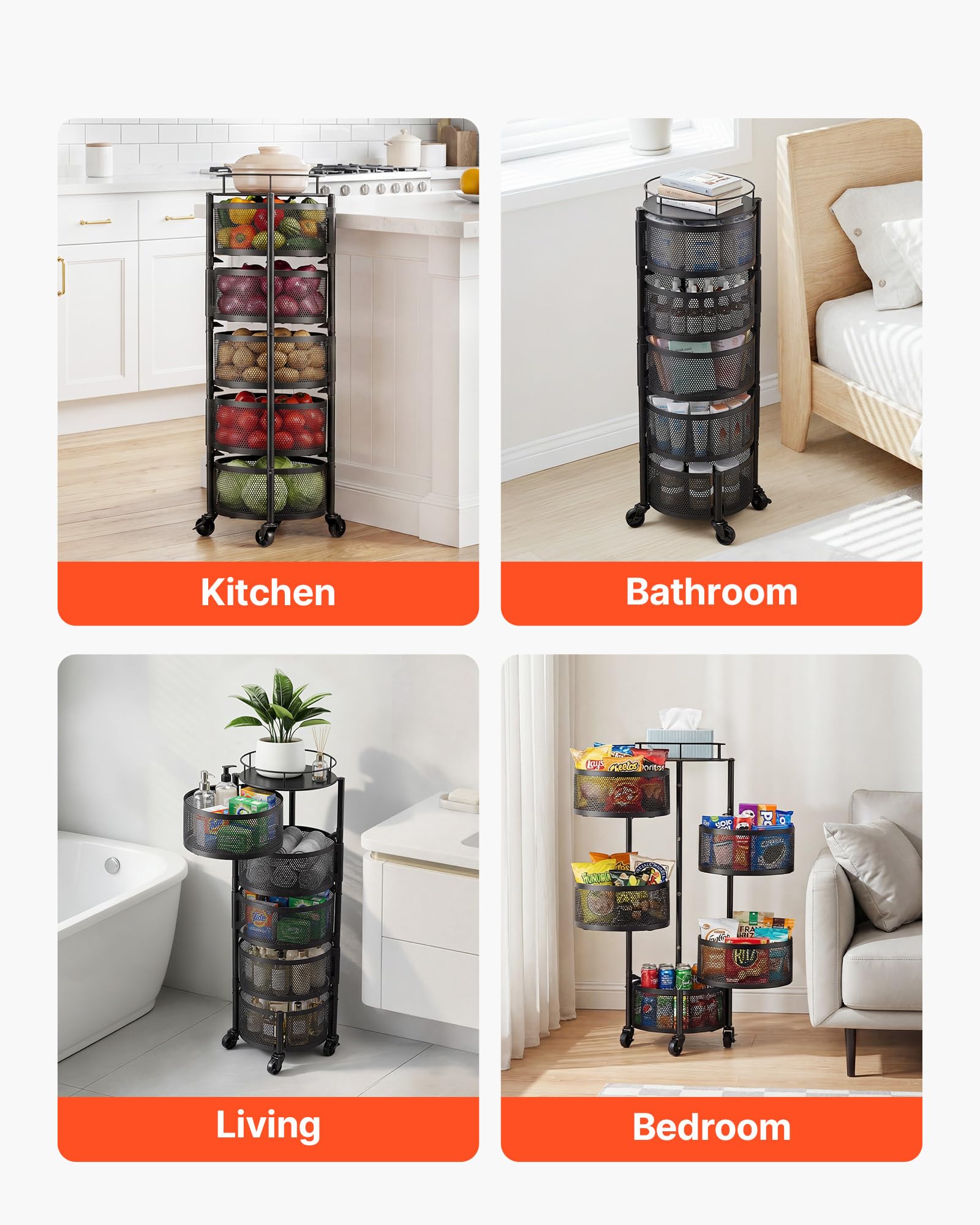 VEVOR Chariot de Rangement 5 Niveaux, Resserre à Paniers Rotatifs sur Roues, pour Fruits et Légumes Cuisine Salon Sallle de Bain, Desserte à roulettes en Fil Métallique, Étagère de Cuisine Rotative