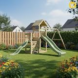 Wickey Tour de Jeu Skyflyer avec Toboggan Vert Pastel 120 et 90 cm et Bâche Vert Pastel, Double Balançoire, Appareil de Jeu pour Le Jardin en Bois - 2
