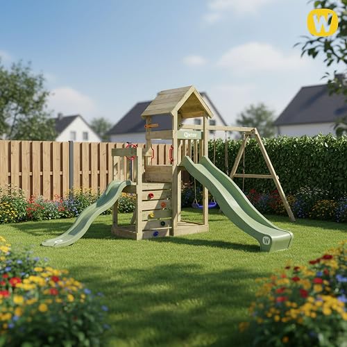 Wickey Tour de Jeu Skyflyer avec Toboggan Vert Pastel 120 et 90 cm et Bâche Vert Pastel, Double Balançoire, Appareil de Jeu pour Le Jardin en Bois - 2